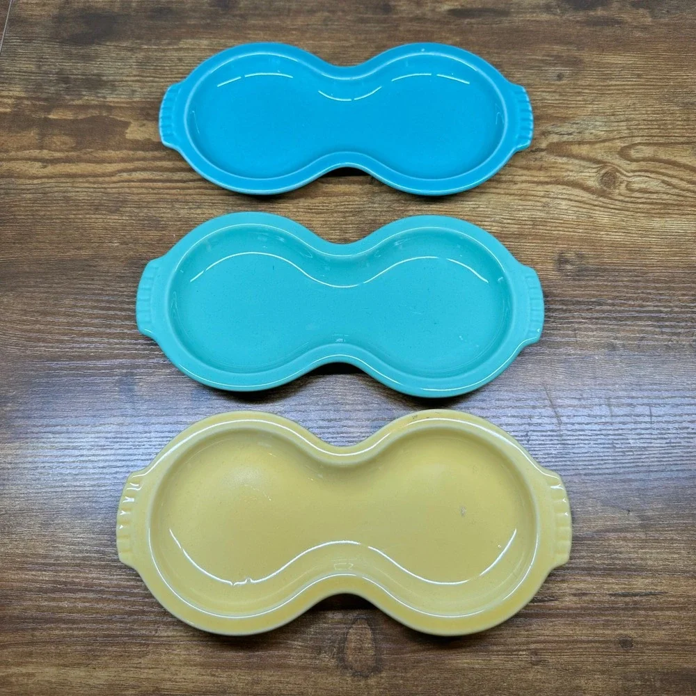 Fiesta HLC USA Figure 8 Relish Trays Set of 3 Blue Turquoise Yellow Ceramic Snac